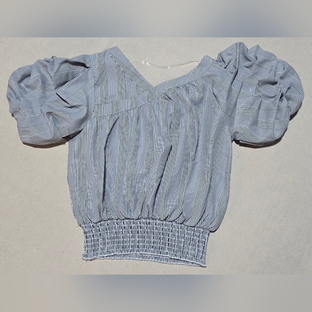 Girls Blouse By Habitual Size 10 Black And White Striped Puff Sleeves